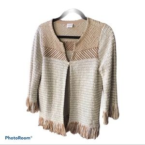 Chico's Tan & Gold Glitter Fringe Jacket
